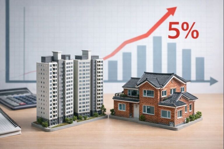 책상 위 아파트와 빌라 모형 앞에 임대료 증액 5% 나타내는 상향 그래프가 보이는 장면