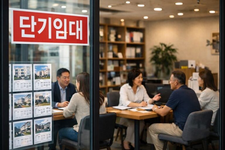 부동산 사무실 유리창에 ‘단기임대’ 표지가 보이고, 내부에서 중개사와 고객들이 단기임대 플랫폼에 대해 상담하는 장면