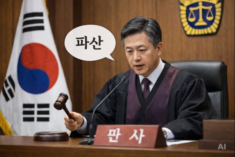 법정에서 판사가 말풍선으로 ‘임차인 파산’을 선고하는 장면