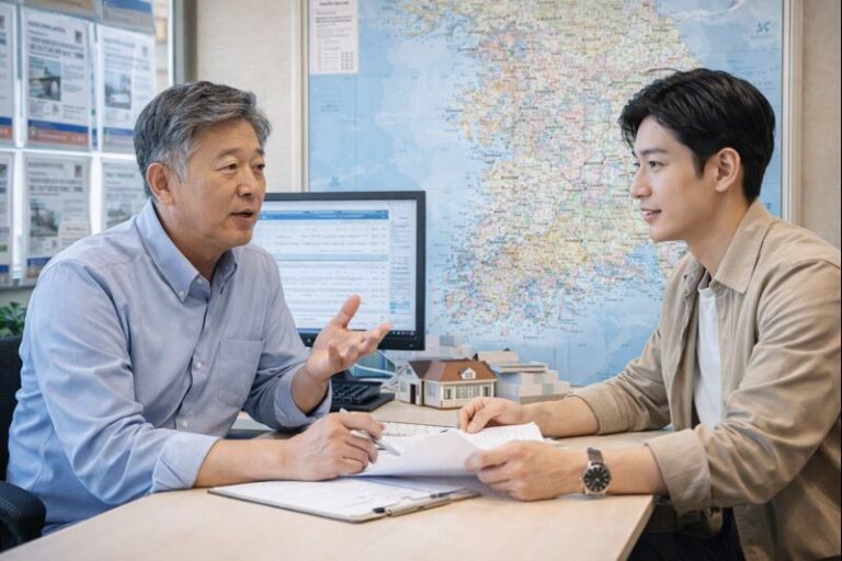 대한민국 부동산 중개업소에서 전국 지도를 배경으로 임대인이 세입자와 상담하며 입주 전 확인사항을 점검하는 장면