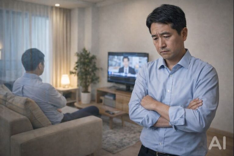 재계약 조건 거부하고 계속 거주하는 임차인 상황에 걱정하는 임대인이 팔짱을 끼고 서 있고, 배경에는 거실 소파에 앉아 TV를 보는 모습이 겹쳐 보인다