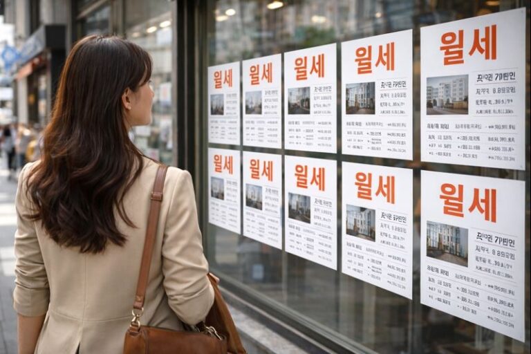 도심 거리에서 한 여성이 부동산 중개사무소 창문에 붙은 ‘월세’ 매물 전단들을 바라보고 월세 전환율을 생각하고 있는 장면